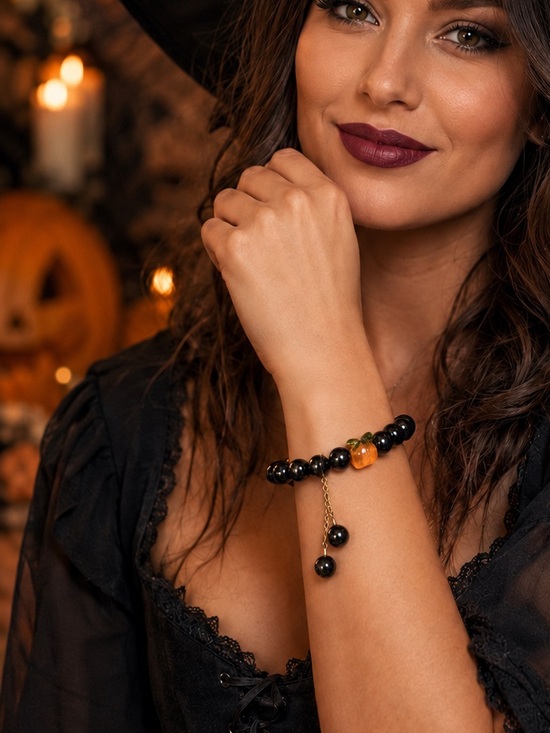 Jewelry - Set of 3 Black Beaded Bracelets with Pumpkin Accent Bead - Great for Fall & 🎃